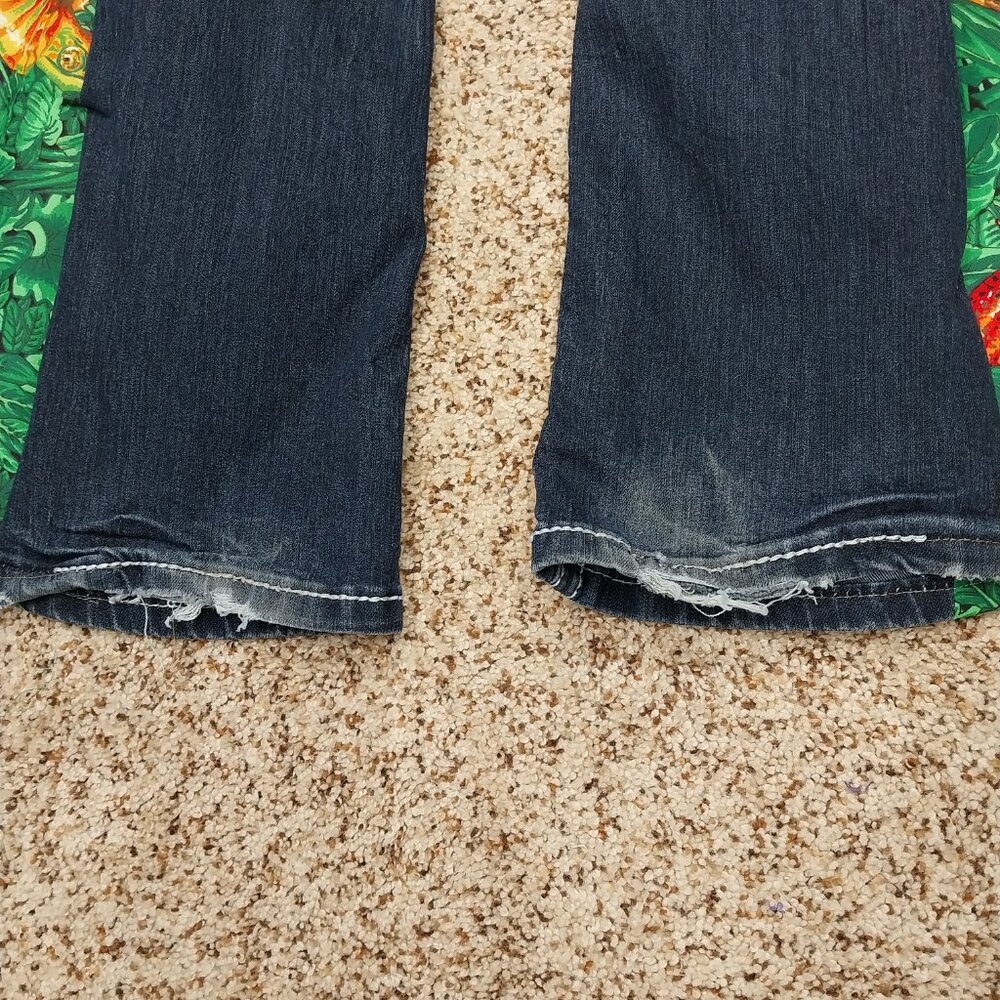 3343 Size 9/10 Maurices Upcycled Bell Bottoms In Green with Orange Reptiles - Picture 6 of 10
